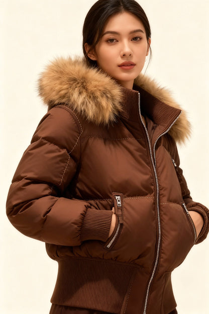 Jaslyn Faux Fur Hooded Puffer Jacket - Brown
