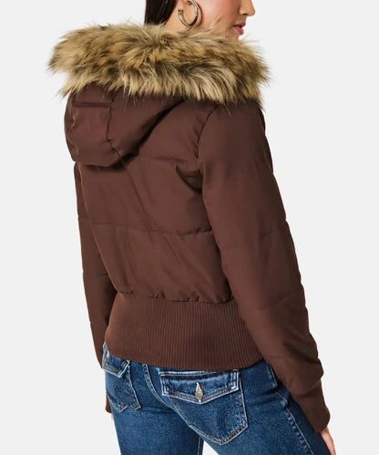 Jaslyn Faux Fur Hooded Puffer Jacket - Brown