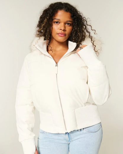 Jaslyn Faux Fur Hooded Puffer Jacket - Ivory