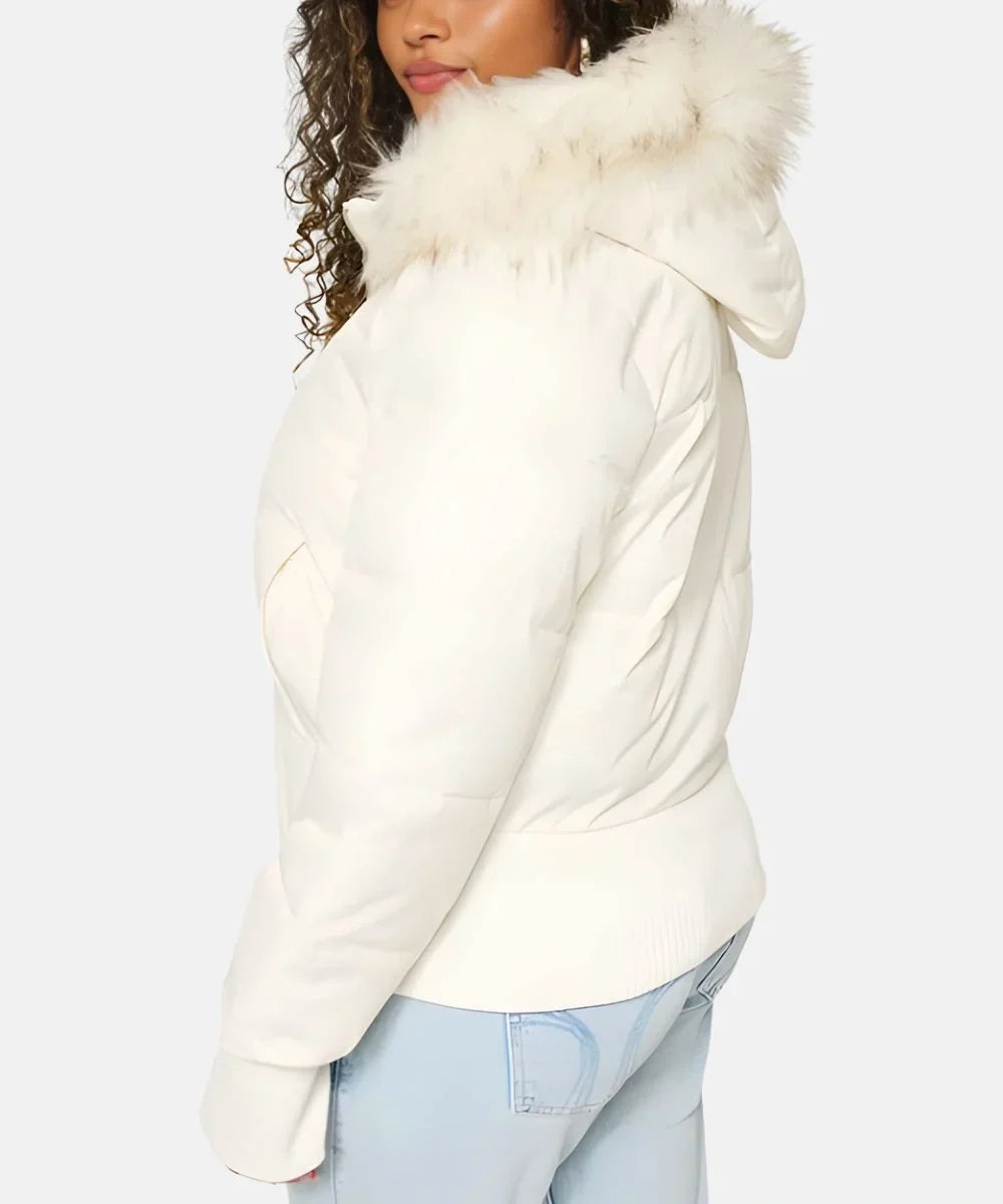 Jaslyn Faux Fur Hooded Puffer Jacket - Ivory