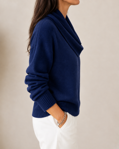 Jaycee Draped Cowl Neck Sweater - Navy Blue