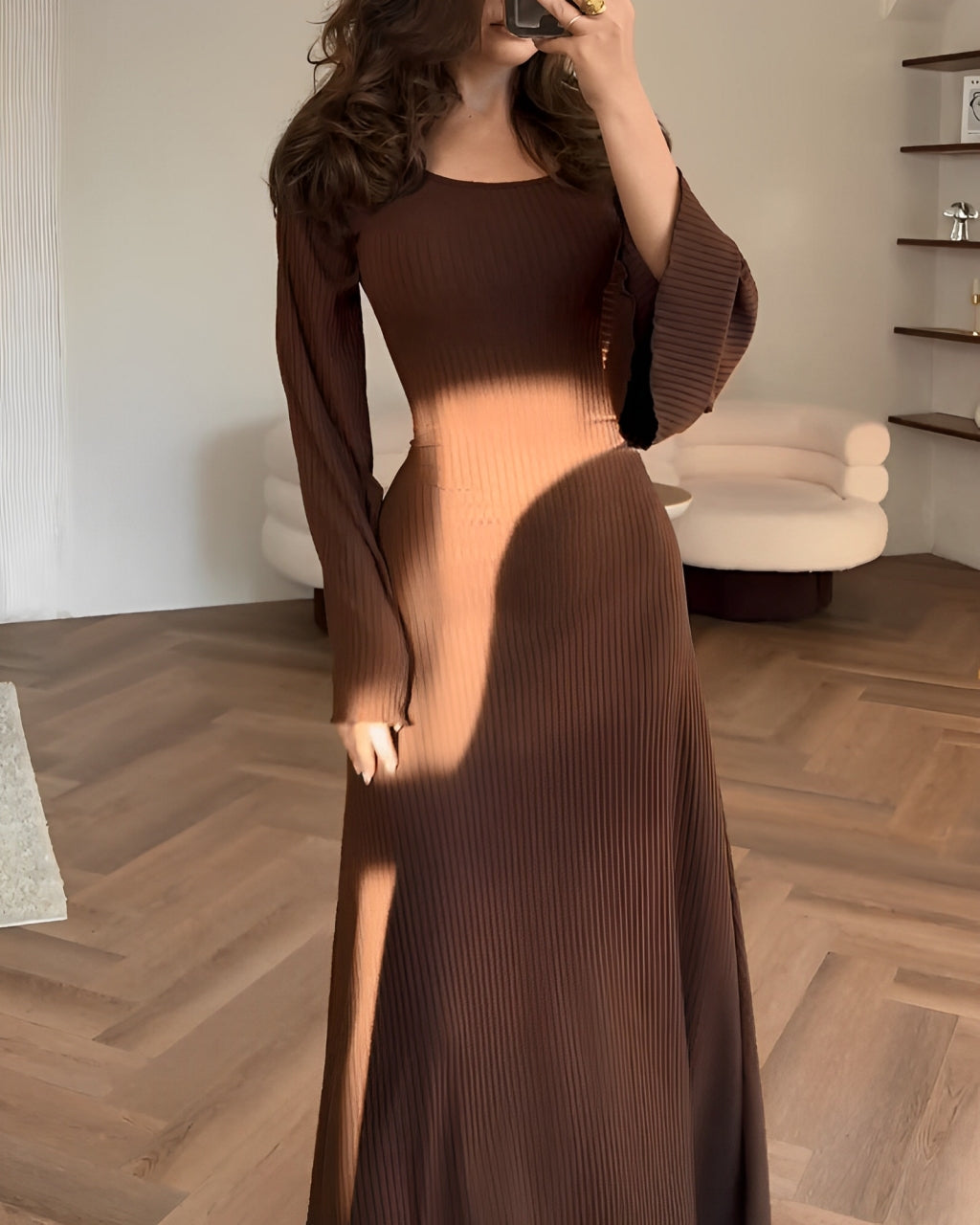 Jayne Bell Sleeve Knit Maxi Dress - Chocolate Brown