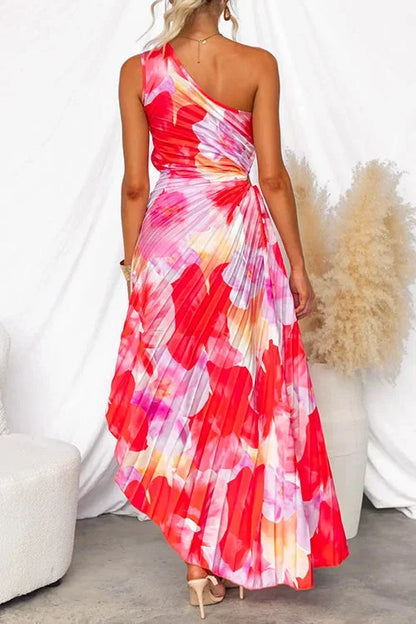 Jeanine One Shoulder Pleated Maxi Dress - Red and Pink Print