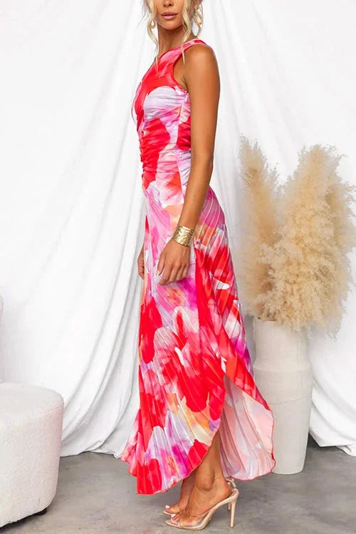 Jeanine One Shoulder Pleated Maxi Dress - Red and Pink Print