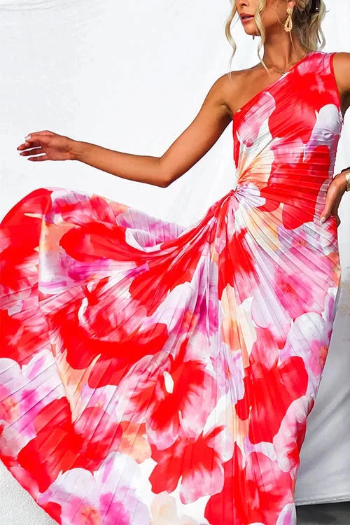 Jeanine One Shoulder Pleated Maxi Dress - Red and Pink Print