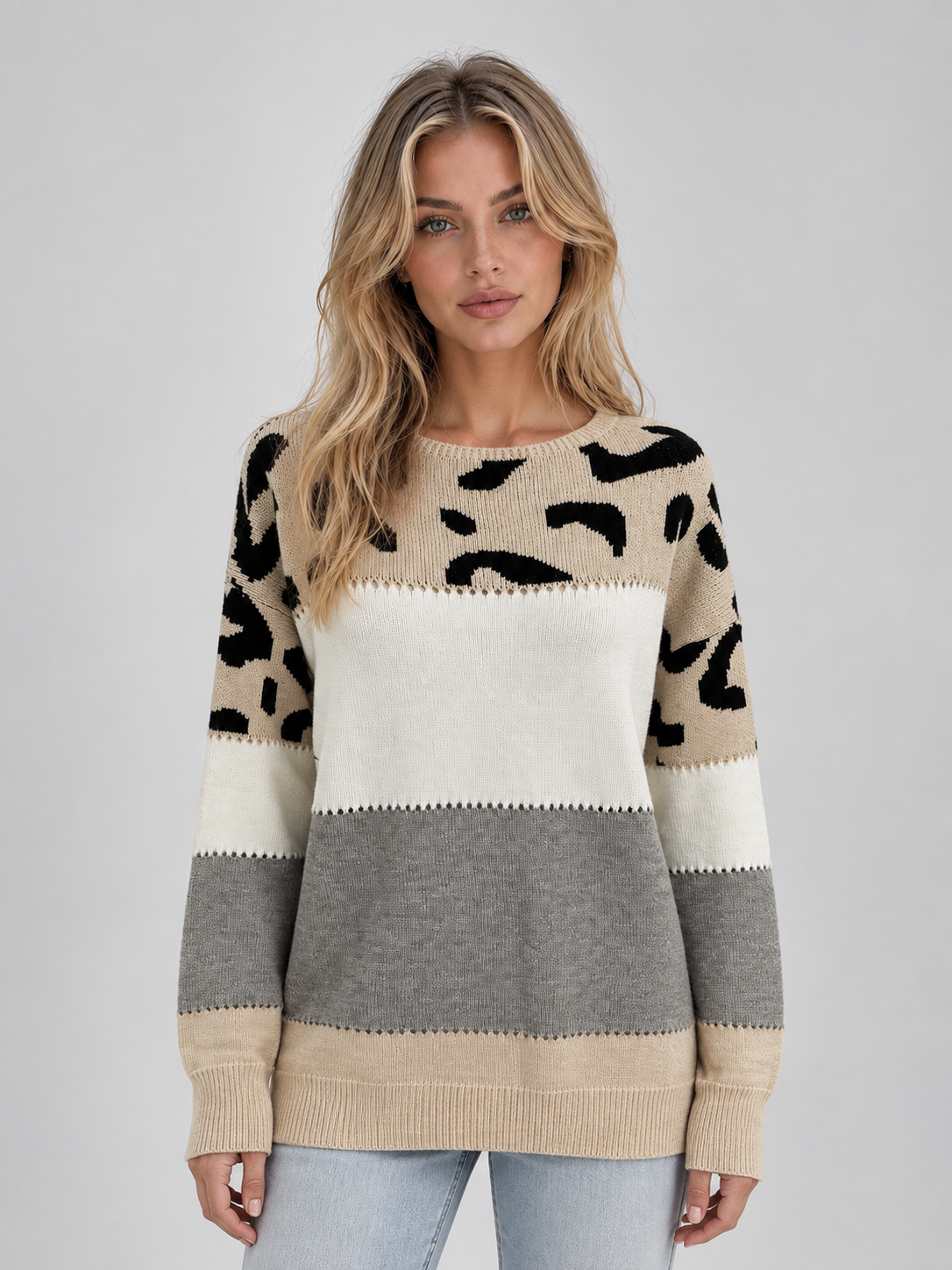 Jettie Leopard Colorblock Crew Neck Sweater - Beige Leopard
