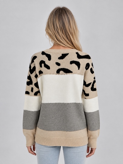 Jettie Leopard Colorblock Crew Neck Sweater - Beige Leopard