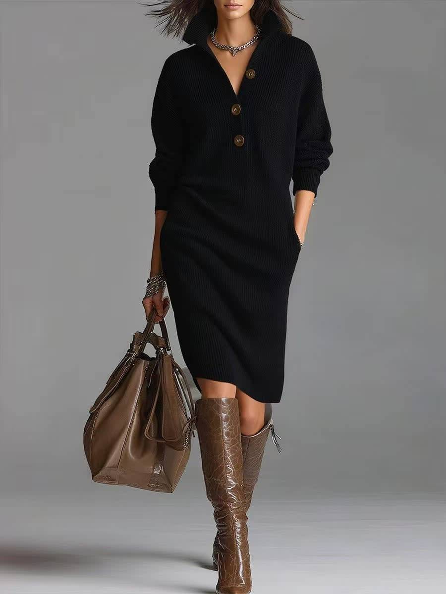 Jezelle Button-Up Knit Midi Dress - Black