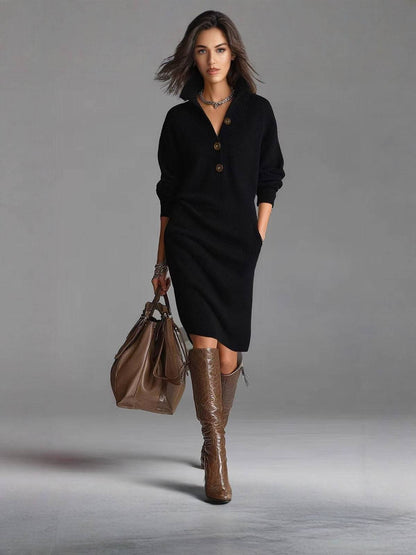 Jezelle Button-Up Knit Midi Dress - Black