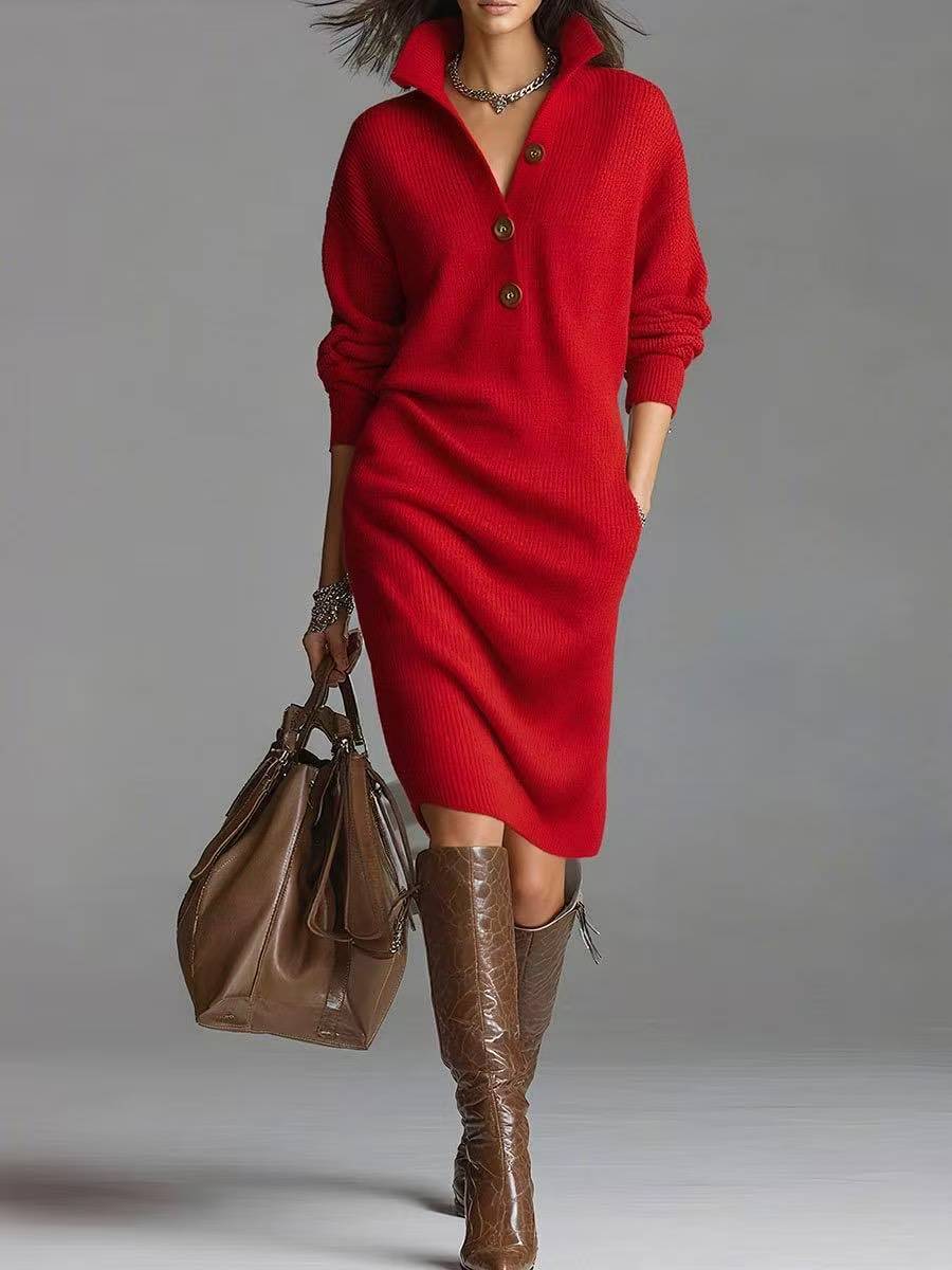 Jezelle Button-Up Knit Midi Dress - Red