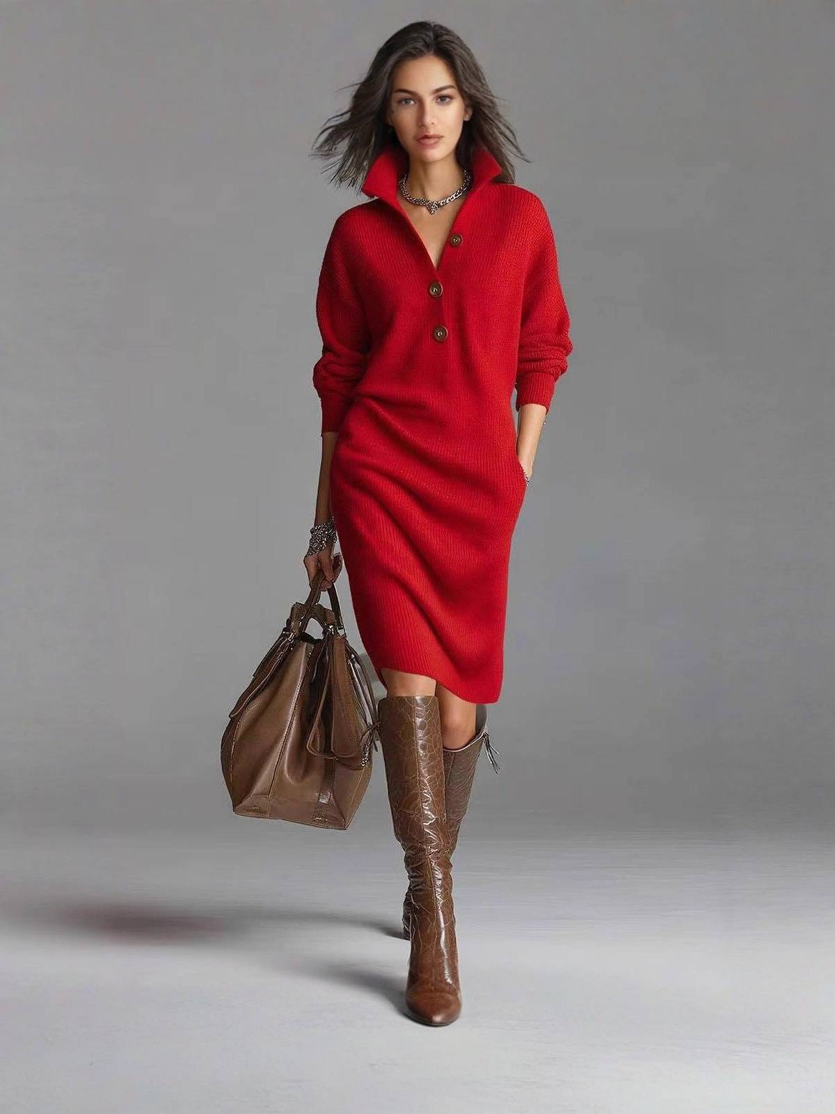 Jezelle Button-Up Knit Midi Dress - Red