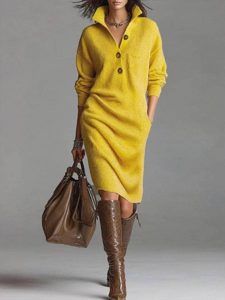 Jezelle Button-Up Knit Midi Dress - Yellow
