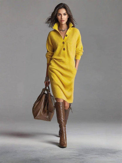 Jezelle Button-Up Knit Midi Dress - Yellow