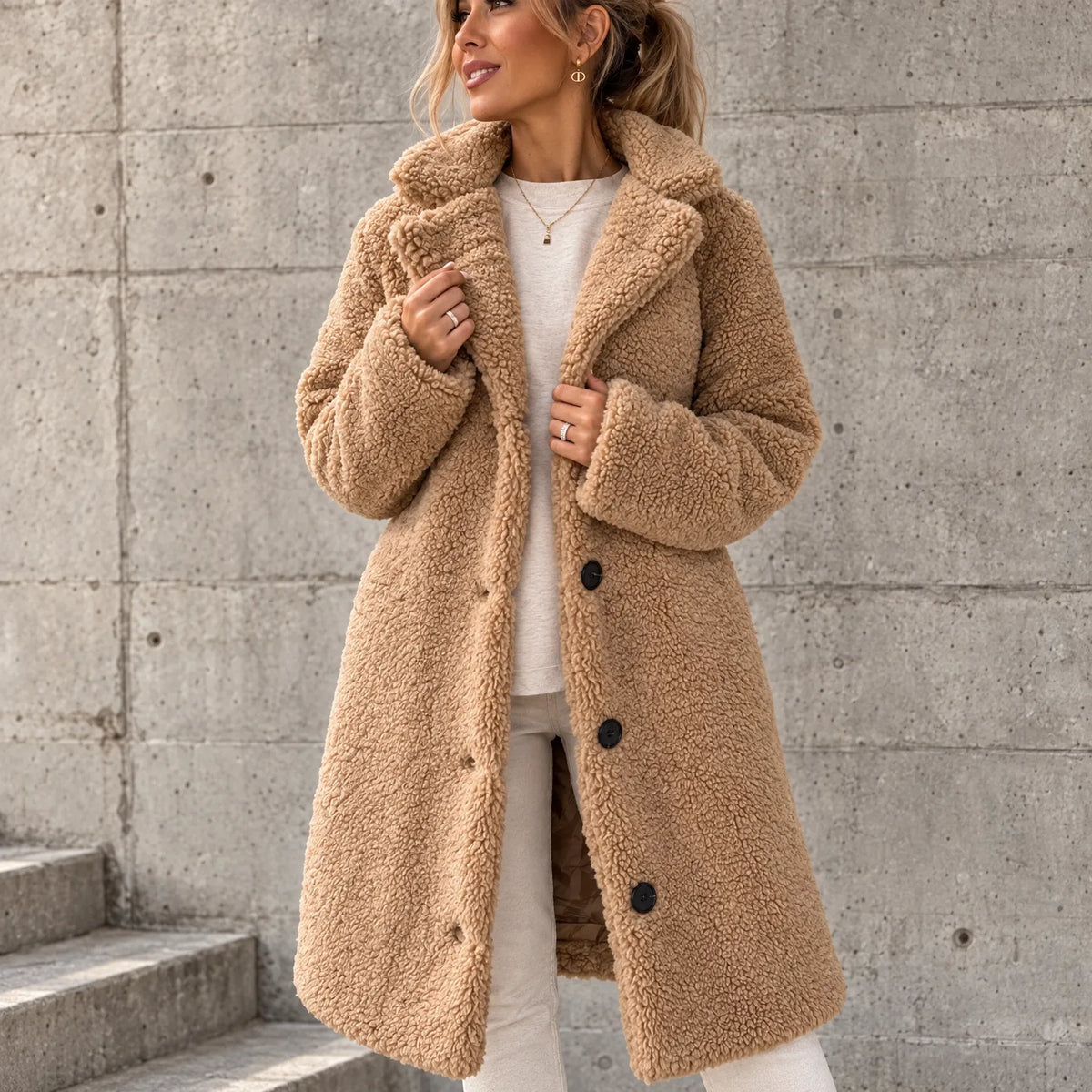Joely Long Teddy Coat - Camel