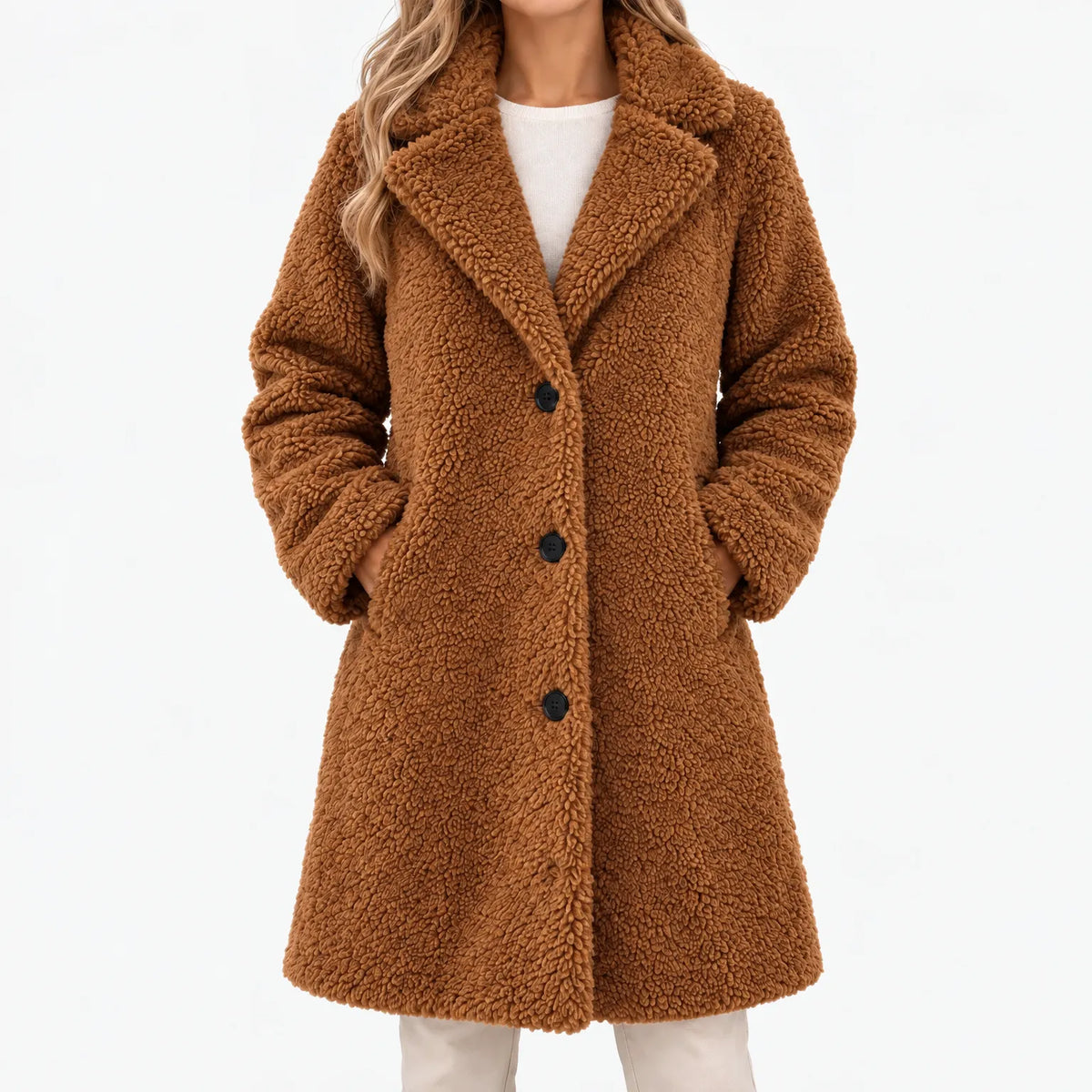 Joely Long Teddy Coat - Caramel Brown