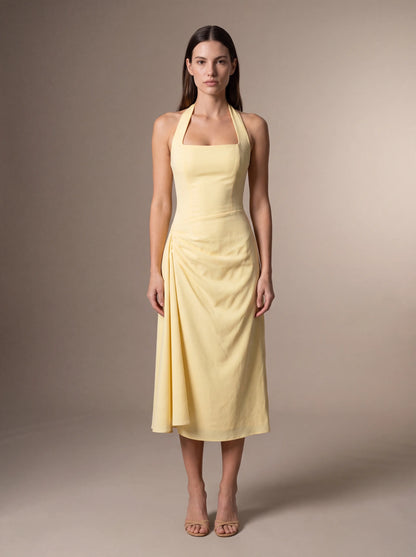 Jolanda Square Neck Halter Midi Dress - Butter Yellow