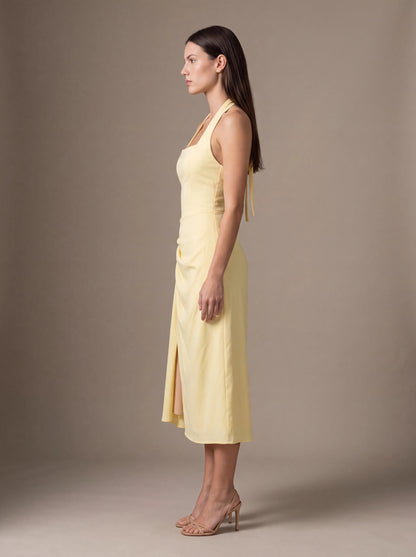 Jolanda Square Neck Halter Midi Dress - Butter Yellow