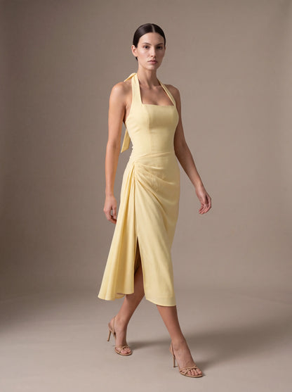 Jolanda Square Neck Halter Midi Dress - Butter Yellow