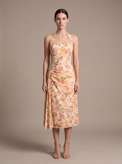 Jolanda Square Neck Halter Midi Dress - Peach Floral