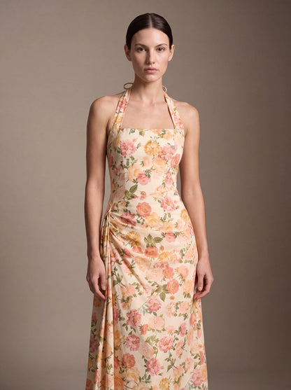 Jolanda Square Neck Halter Midi Dress - Peach Floral
