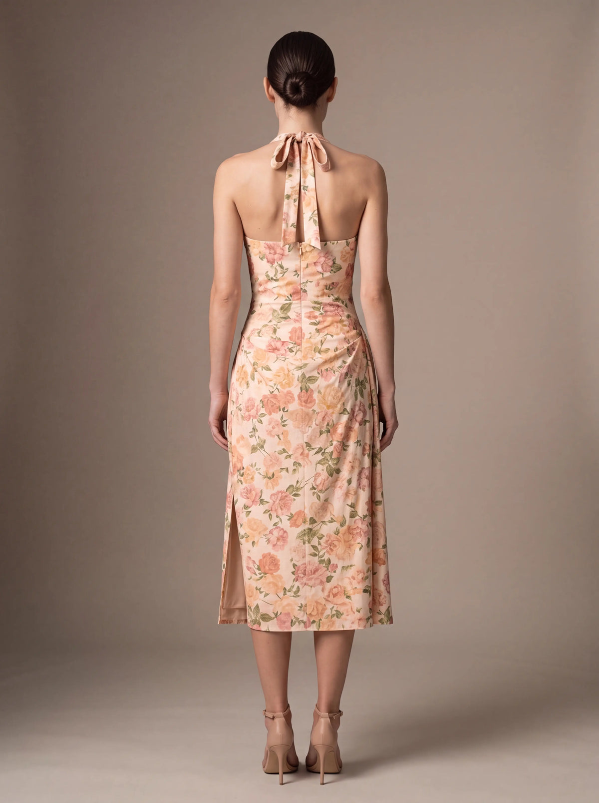 Jolanda Square Neck Halter Midi Dress - Peach Floral