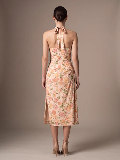 Jolanda Square Neck Halter Midi Dress - Peach Floral