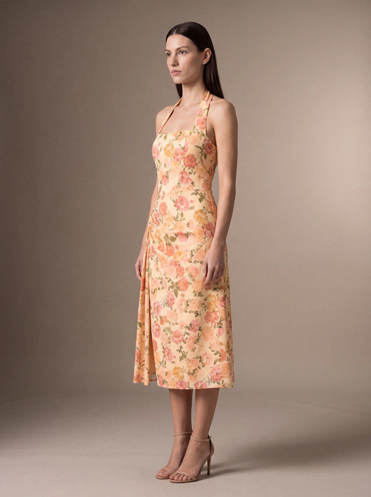 Jolanda Square Neck Halter Midi Dress - Peach Floral