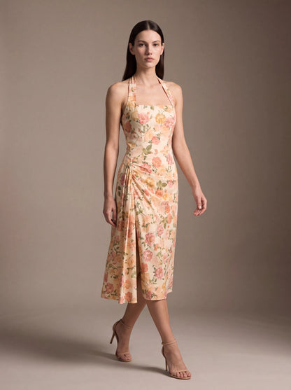 Jolanda Square Neck Halter Midi Dress - Peach Floral