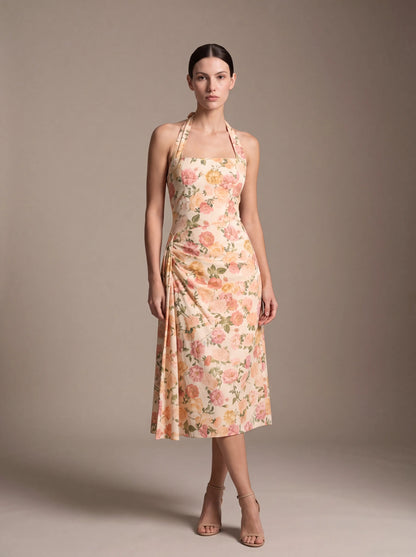 Jolanda Square Neck Halter Midi Dress - Peach Floral