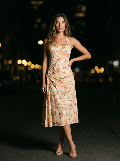 Jolanda Square Neck Halter Midi Dress - Peach Floral