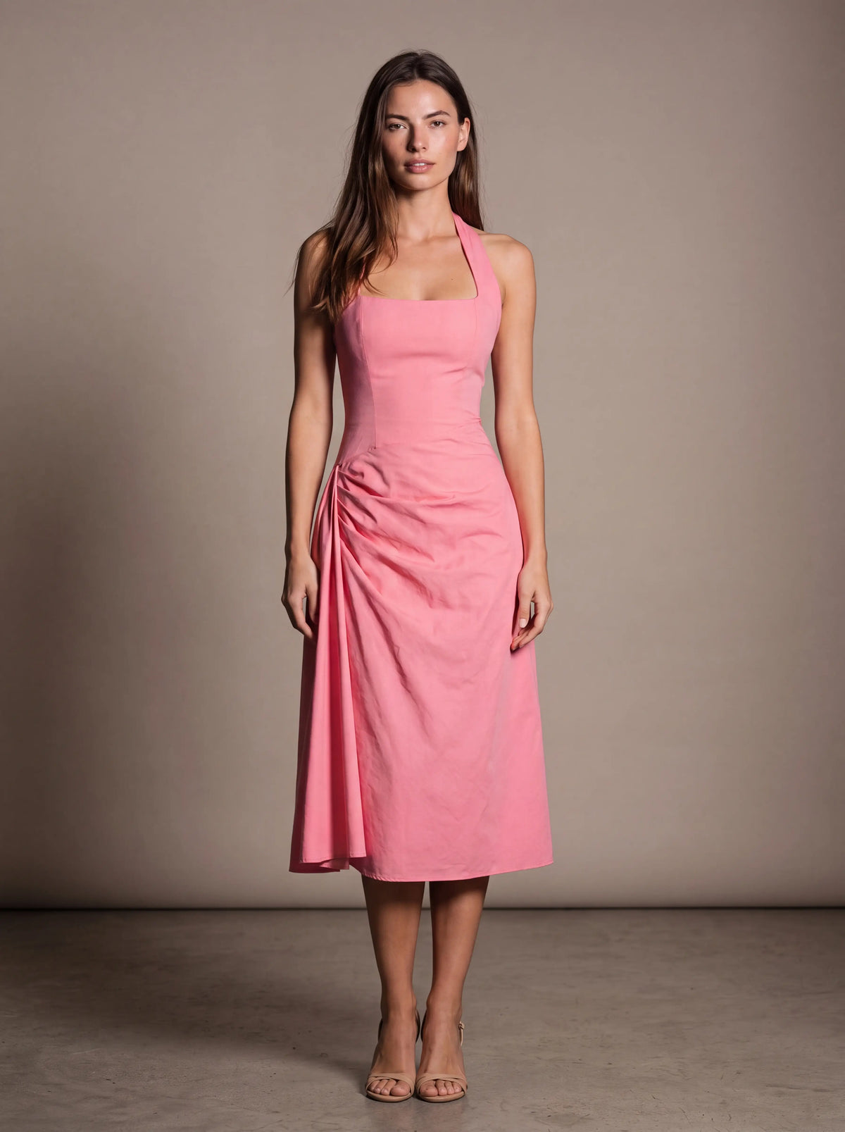 Jolanda Square Neck Halter Midi Dress - Pink