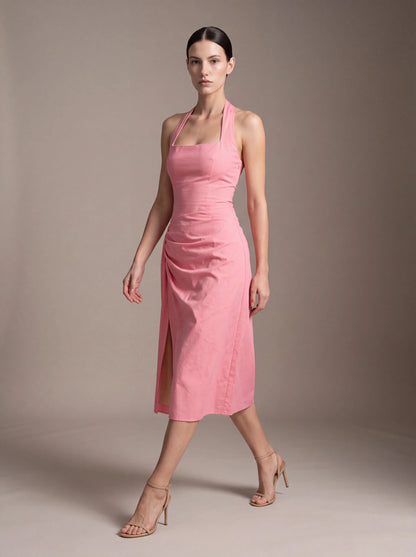 Jolanda Square Neck Halter Midi Dress - Pink