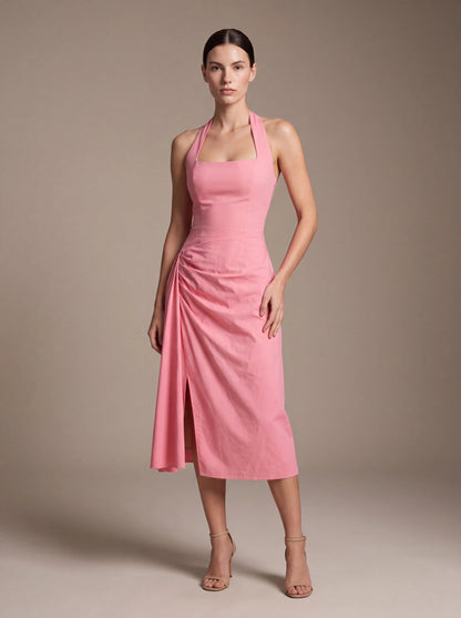 Jolanda Square Neck Halter Midi Dress - Pink