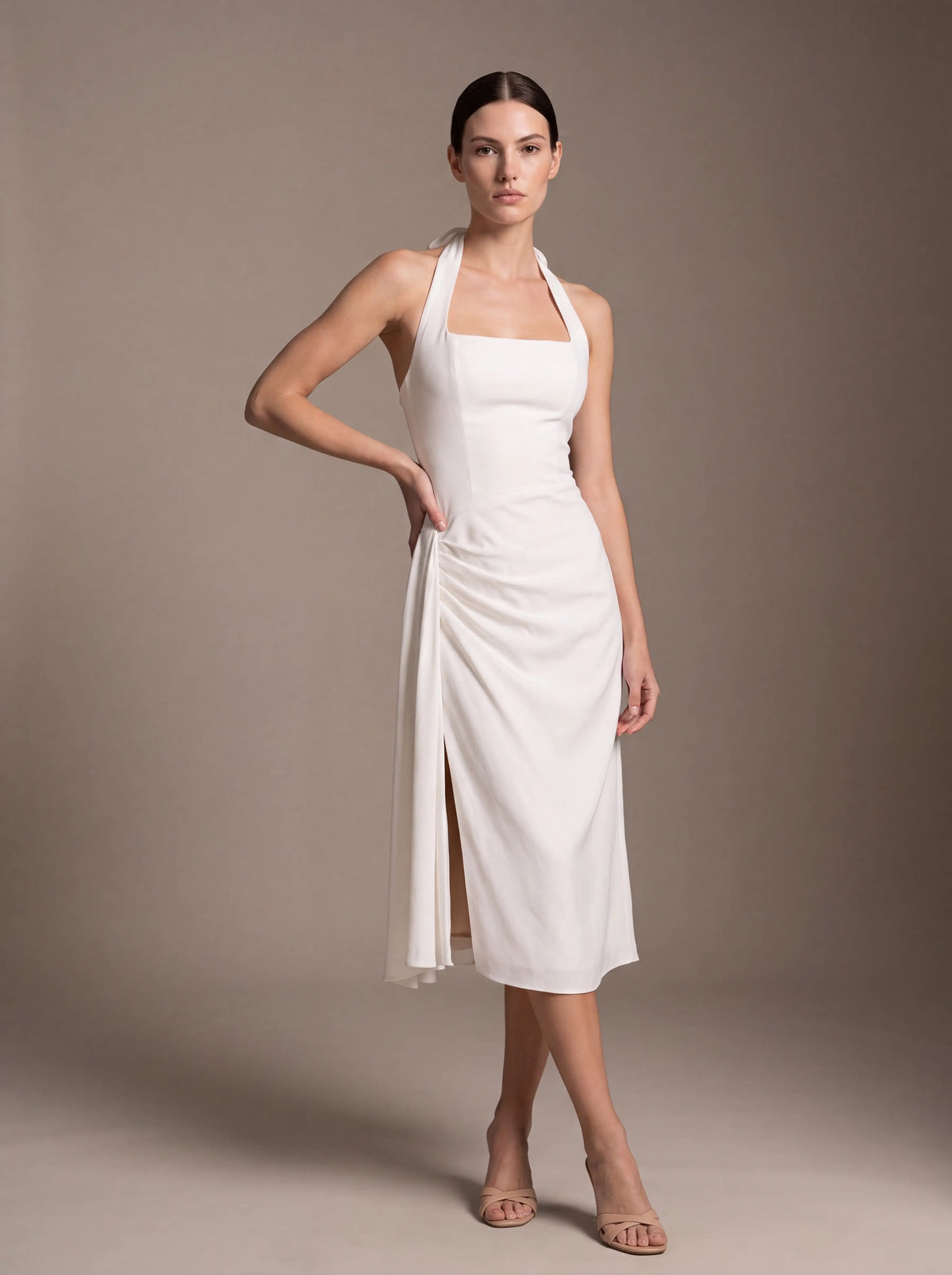 Jolanda Square Neck Halter Midi Dress - White