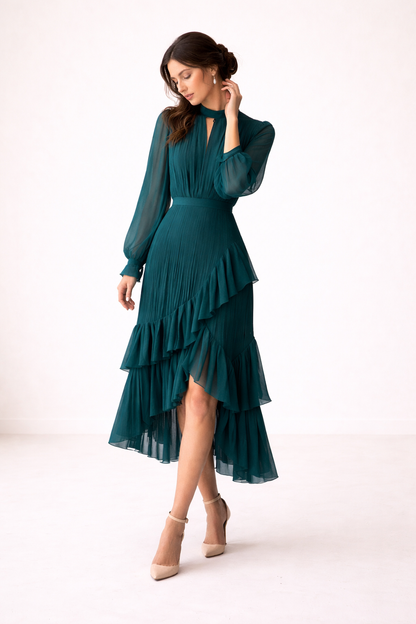 Josefa Pleated Ruffle Midi Dress - Dark Teal
