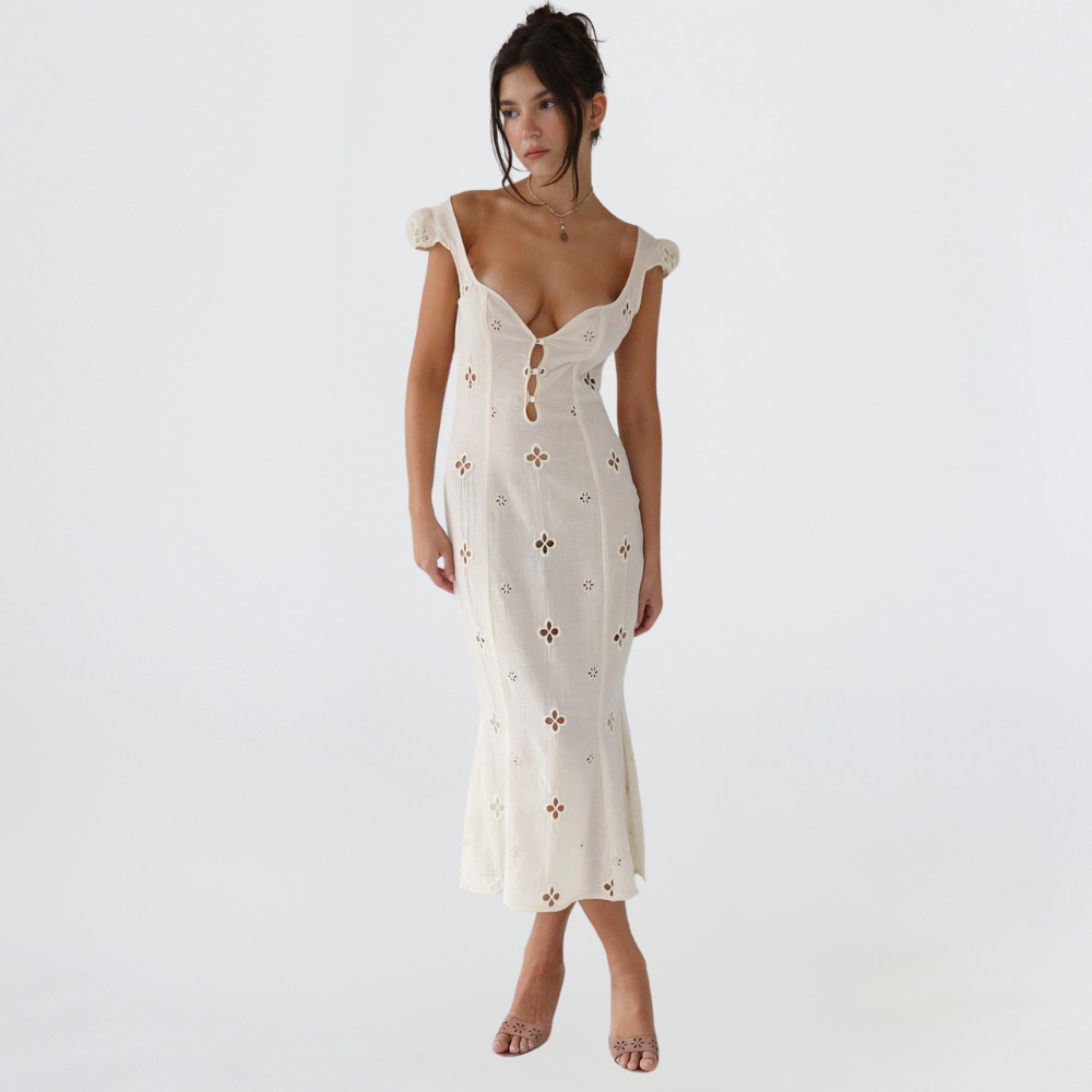 Josette Eyelet Cap Sleeve Midi Dress - Ivory