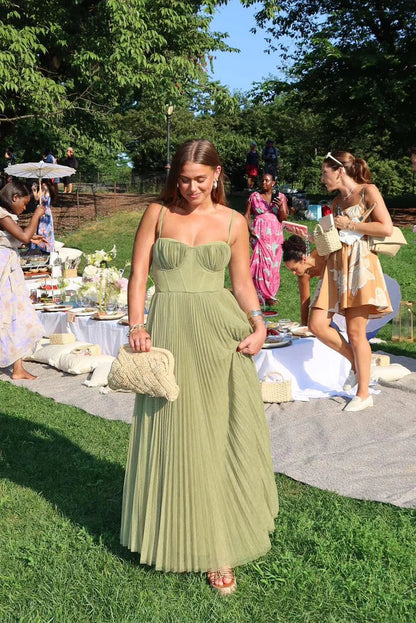 Sage green pleated maxi dress with sweetheart neckline and thin straps