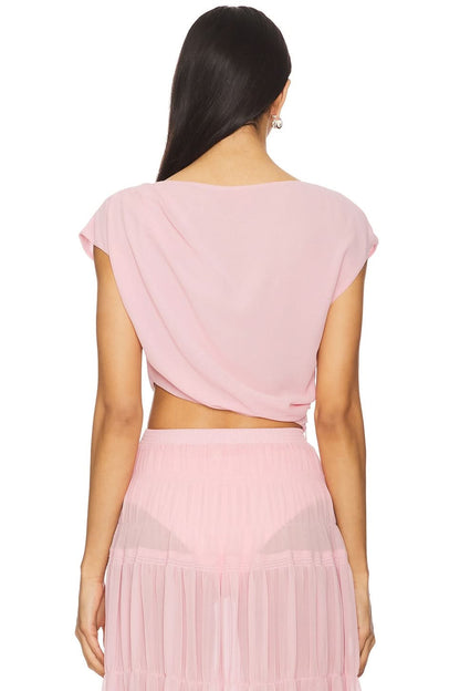 Back view of blush pink maxi set showing wrap crop top and tiered skirt