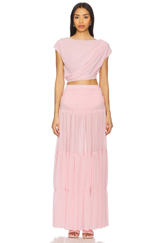 Blush pink draped crop top maxi skirt set with tiered pleated maxi skirt for women