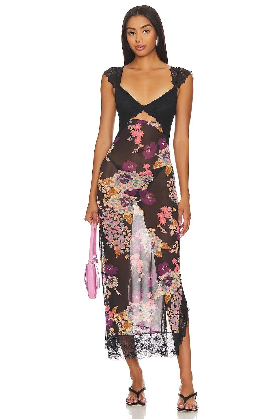 Black lace cutout midi dress with multicolor floral print