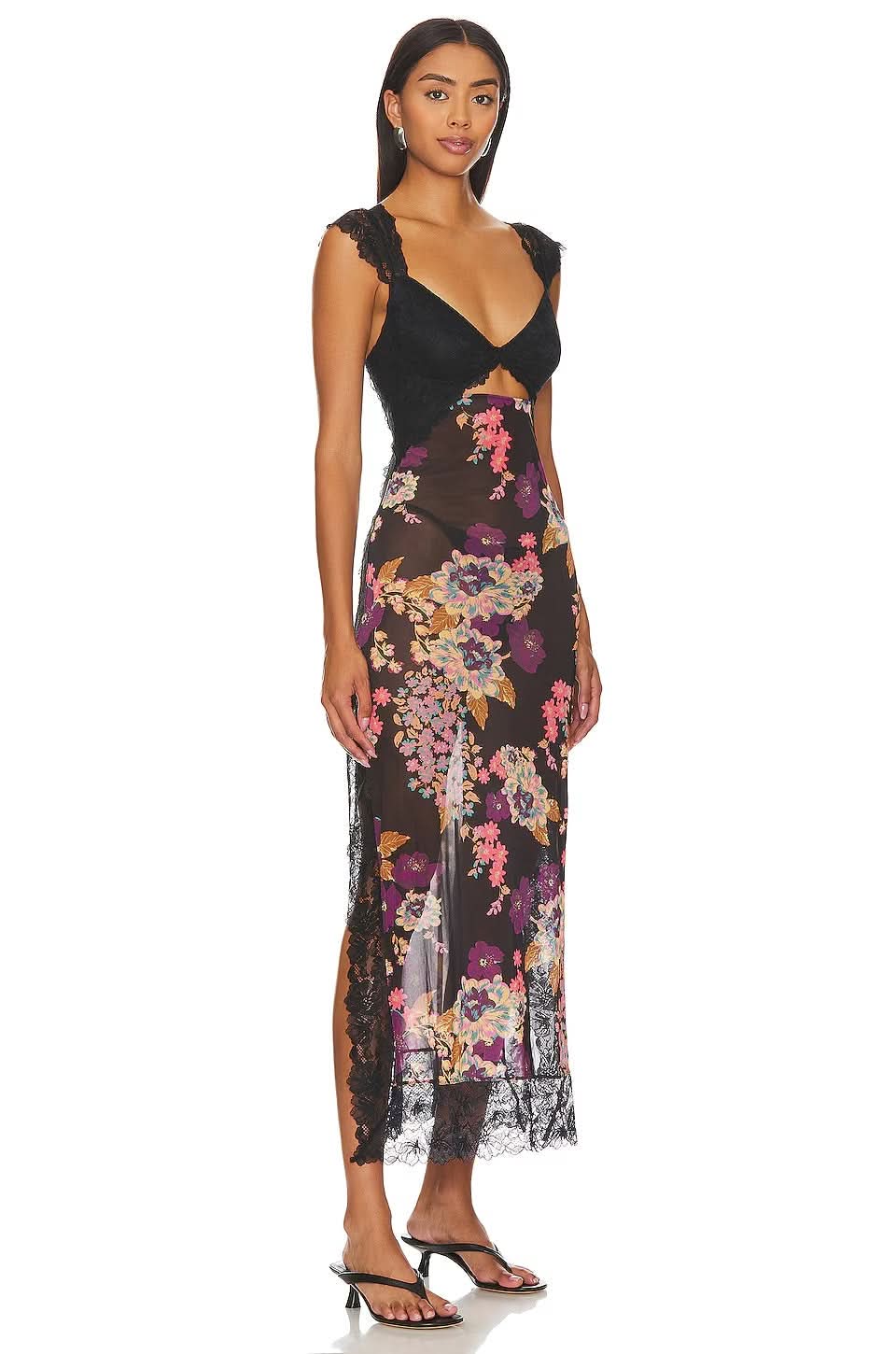 Black cutout midi dress with pink and gold floral design front view