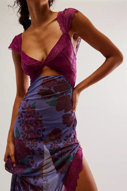 Close-up of magenta lace cutout bodice with floral midi skirt