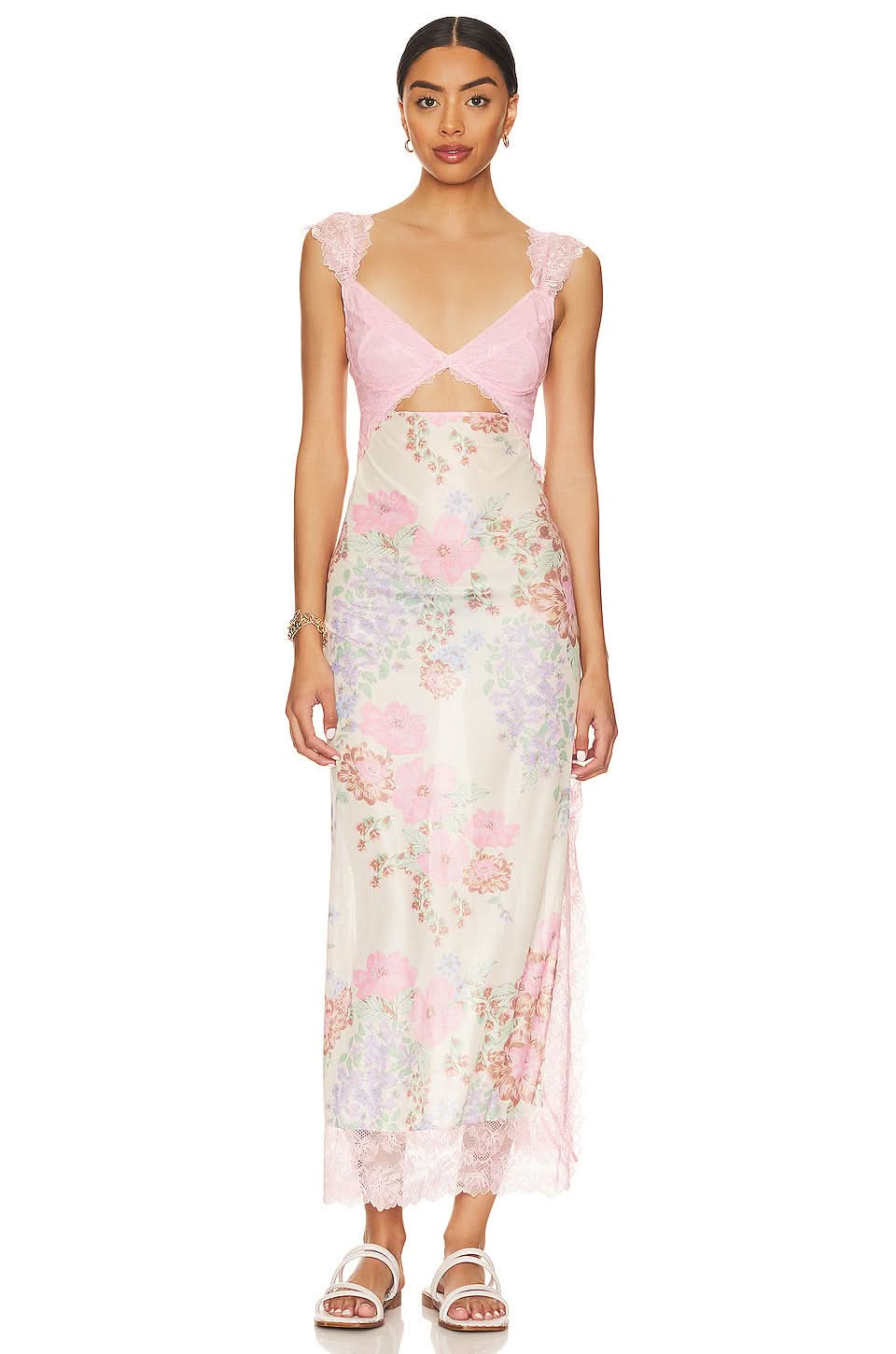 Pink lace cutout midi dress with floral print and ruffle cap sleeves