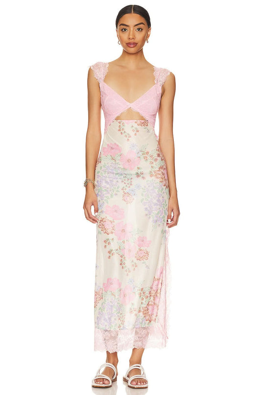 Pink lace cutout midi dress with floral print and ruffle cap sleeves