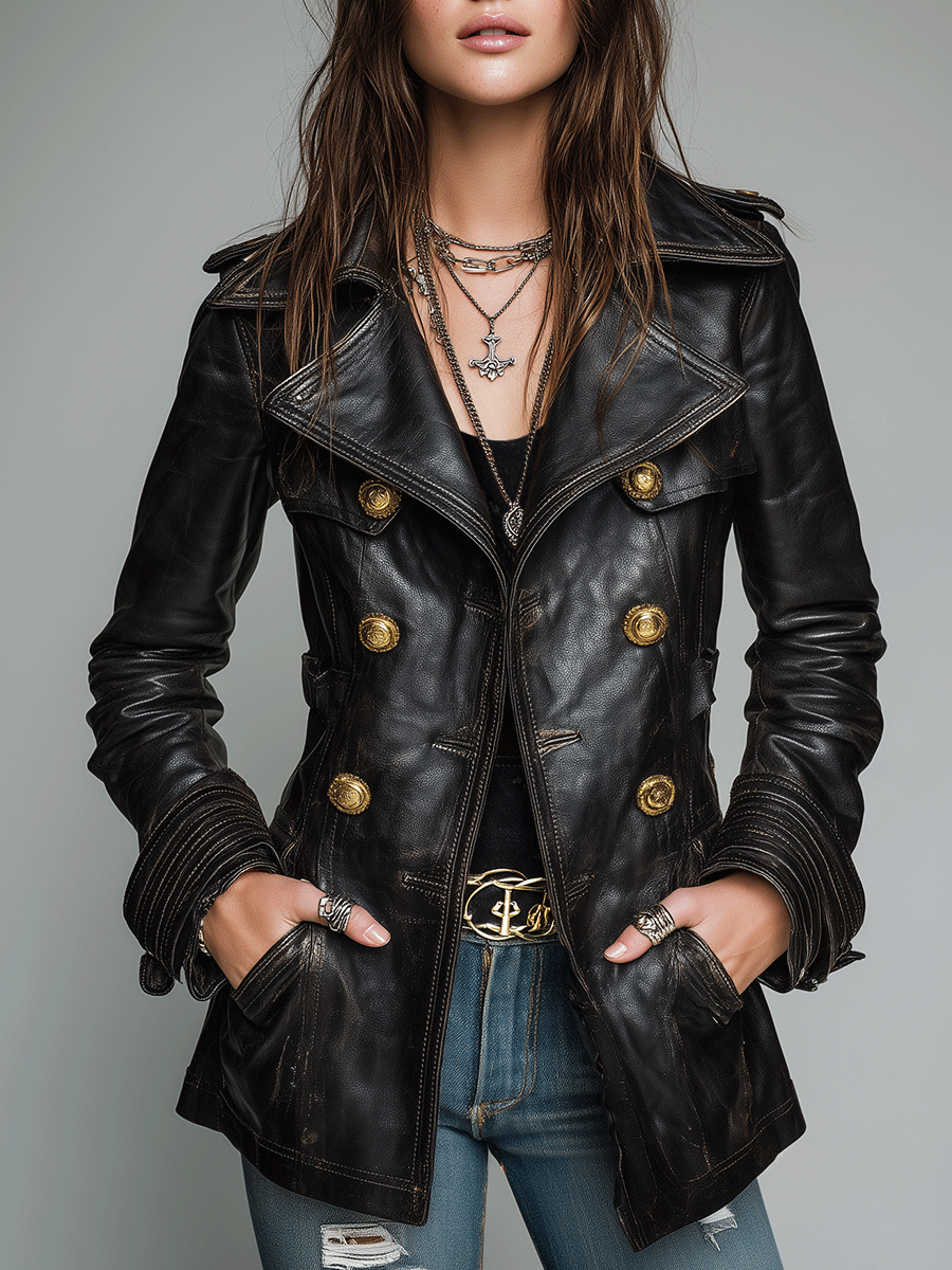 Kadence Double-Breasted Leather-Look Military Jacket - Black