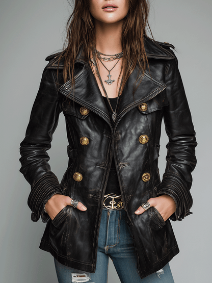 Kadence Double-Breasted Leather-Look Military Jacket - Black