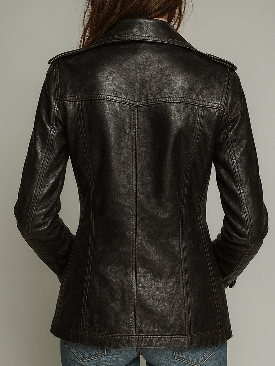 Kadence Double-Breasted Leather-Look Military Jacket - Black