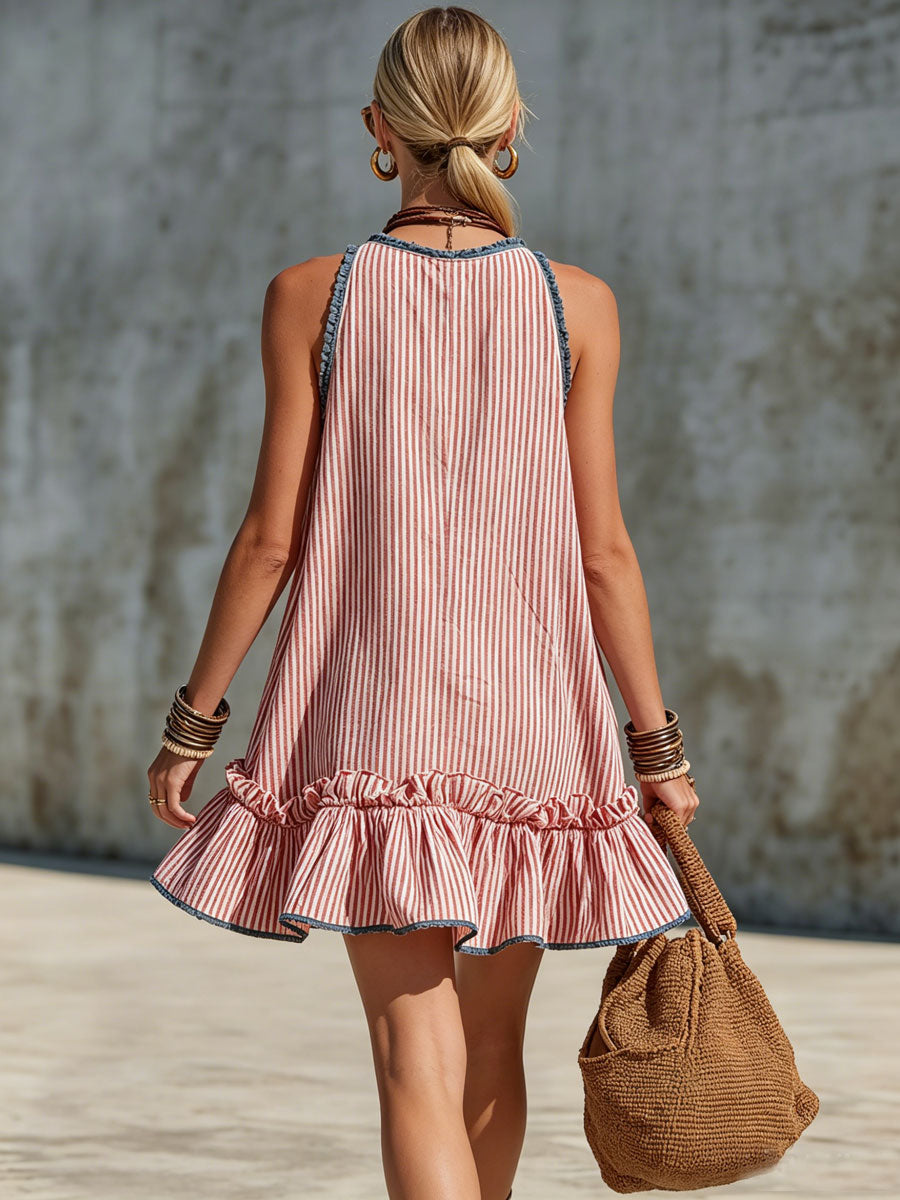 Kaela Striped Frill Mini Dress - Red and White Stripe