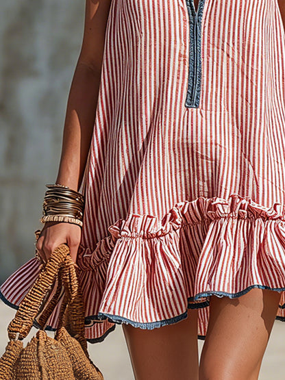 Kaela Striped Frill Mini Dress - Red and White Stripe