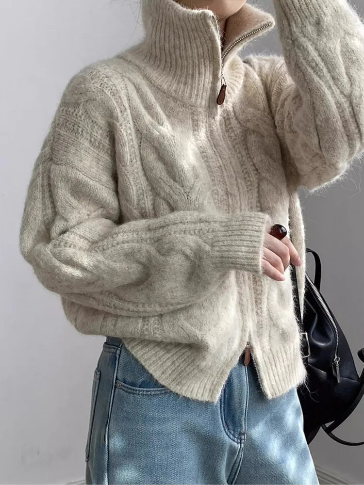 Kalea Cable Knit Zip Sweater - Beige